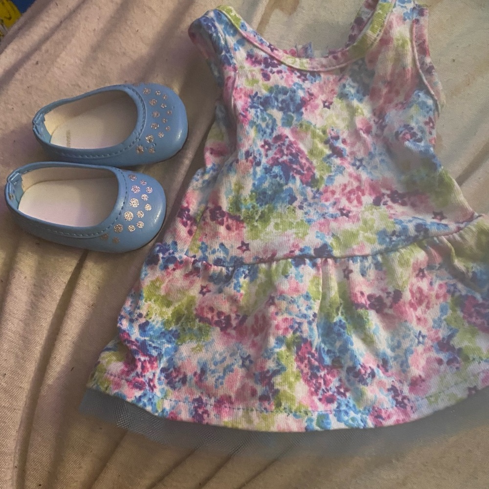 American Girl truly me floral dress with lilac flats.